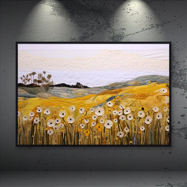 Quadro Decorativo Paisagem Colinas Douradas Campo de Flores e Texturas Têxteis 6154