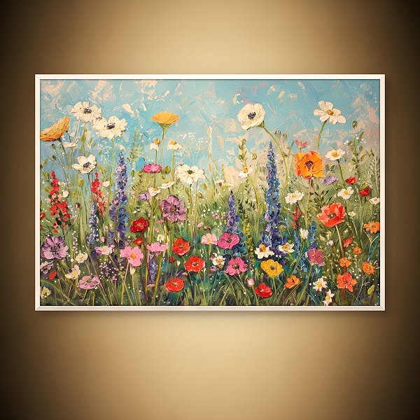 Quadro Decorativo Pintura a Óleo Campo de Flores Silvestres e Céu Azul 6162
