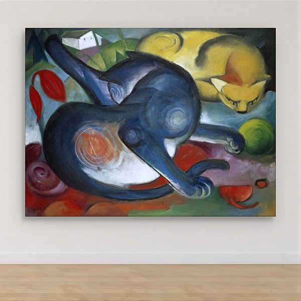 Quadro Decorativo Gatos Azuis e Amarelos Abstratos Arte Moderna Expressiva 6167