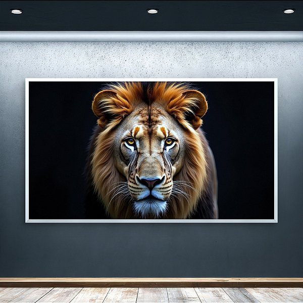 Quadro Decorativo Leão Majestoso Close Up Olhar Intenso e Fundo Preto 6183