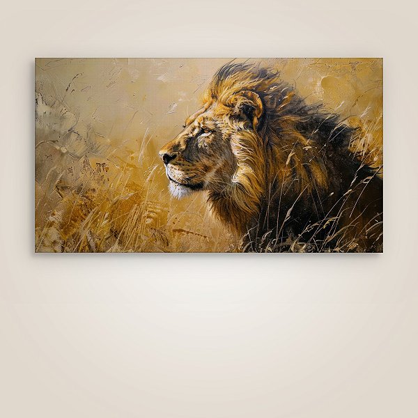 Quadro Decorativo Leão Majestoso Imponente Na Savana Tons Dourados 6190