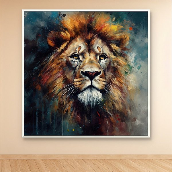 Quadro Decorativo Leão Majestoso Pintura Abstrata Colorida a Óleo 6182
