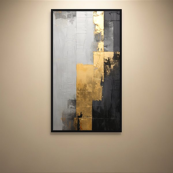 Quadro Decorativo Abstrato Moderno com Folha de Ouro e Textura Cinza e Preto 6196