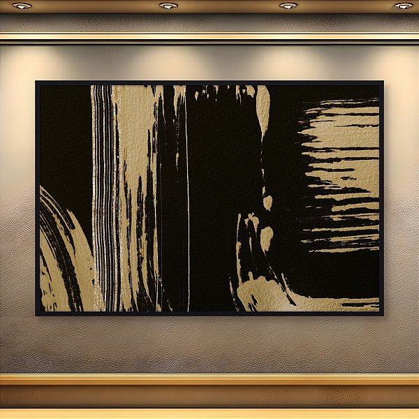 Quadro Decorativo Abstrato Pinceladas Douradas e Fundo Preto Minimalista 6197