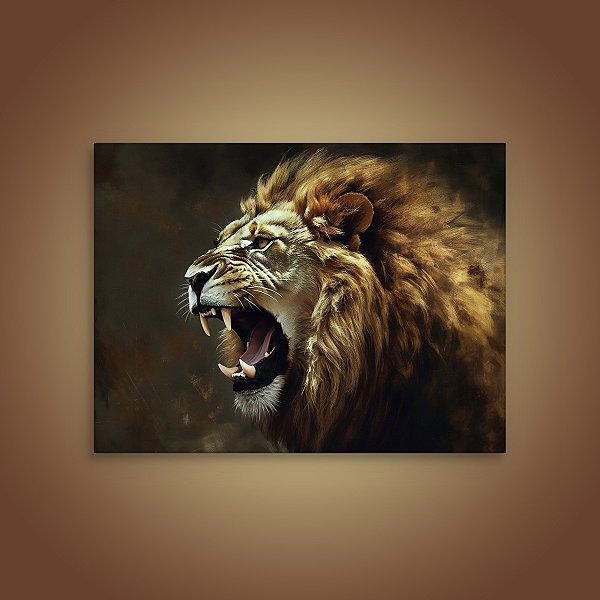 Quadro Decorativo Leão Rugindo Selvagem Imponente Fundo Escuro Moderno 6220