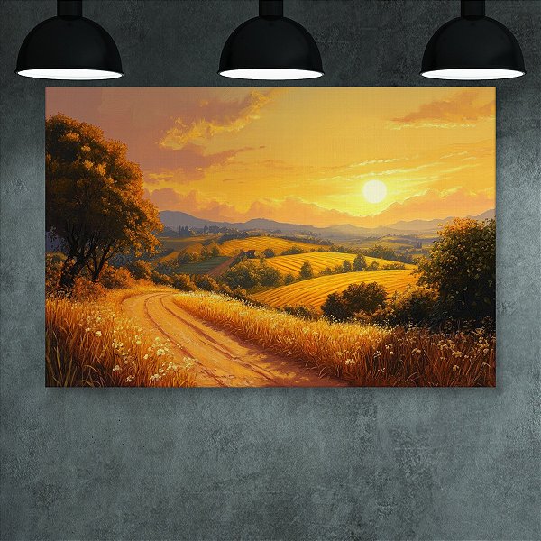 Quadro Decorativo Paisagem Campo Dourado Entardecer e Sol na Estrada Rural 6204