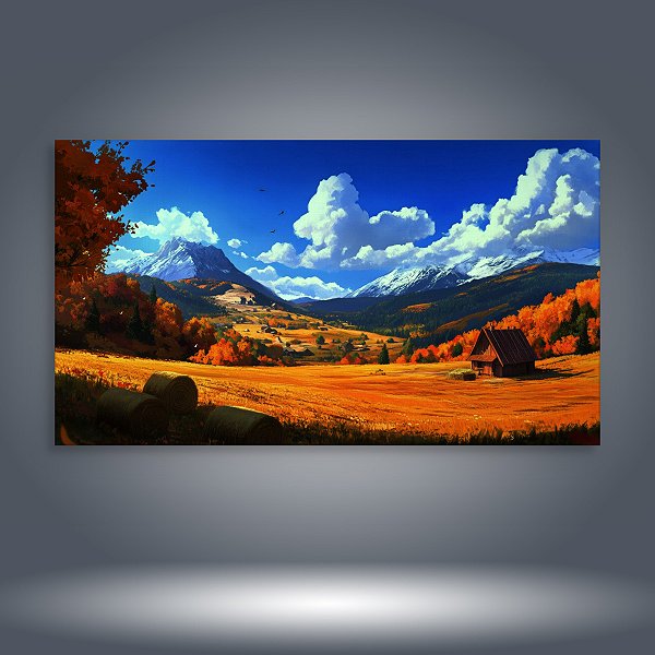 Quadro Decorativo Paisagem de Outono Montanhas Nevadas e Chalé Rústico 6214