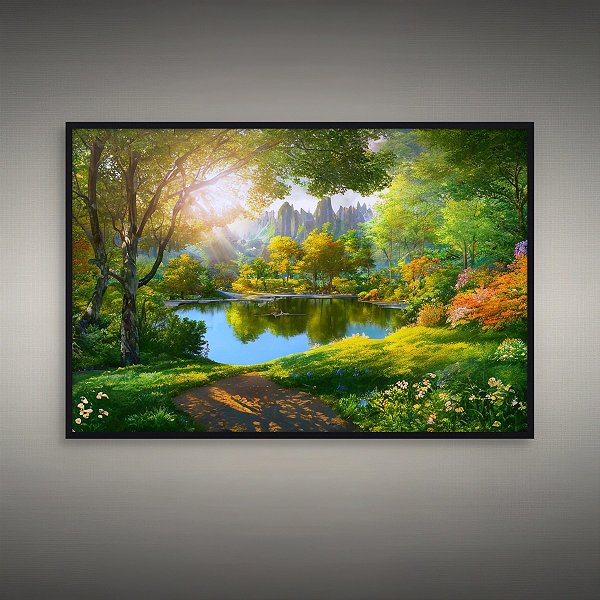 Quadro Decorativo Paisagem Floresta Encantada Sol e Lago Místico 6209