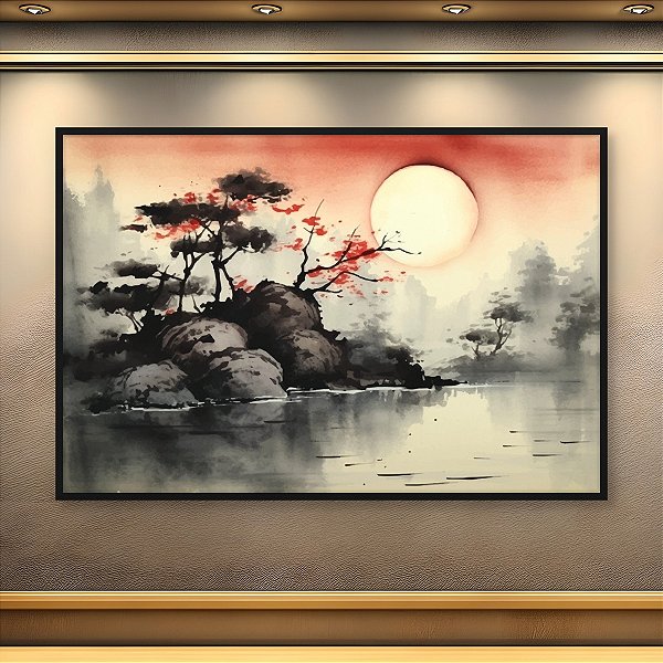 Quadro Decorativo Paisagem Japonesa Nascer do Sol Sol Vermelho e Rio 6229