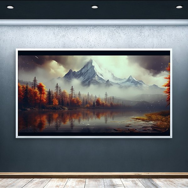 Quadro Decorativo Paisagem Montanha Nevada Outono e Lago Espelhado 6227