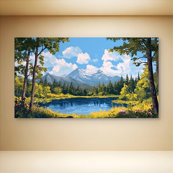 Quadro Decorativo Paisagem Montanhas Nevada Lago e Floresta de Pinheiros 6235
