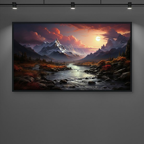 Quadro Decorativo Paisagem Montanhas Nevadas Rio ao Pôr do Sol 6239