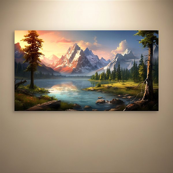 Quadro Decorativo Paisagem Montanhas Nevadas Rio e Pôr do Sol Alpine 6264