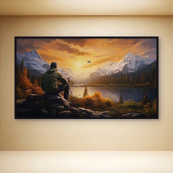 Quadro Decorativo Paisagem Montanhas Nevadas Rio e Pôr do Sol Dourado 6245