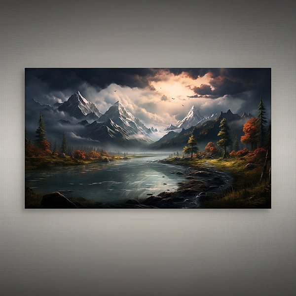 Quadro Decorativo Paisagem Montanhas Nevadas Rio Floresta Outonal e Céu Estornado 6240