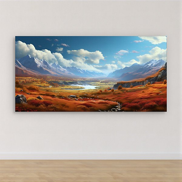 Quadro Decorativo Paisagem Montanhas Outono Vale Rio e Céu Azul 6215
