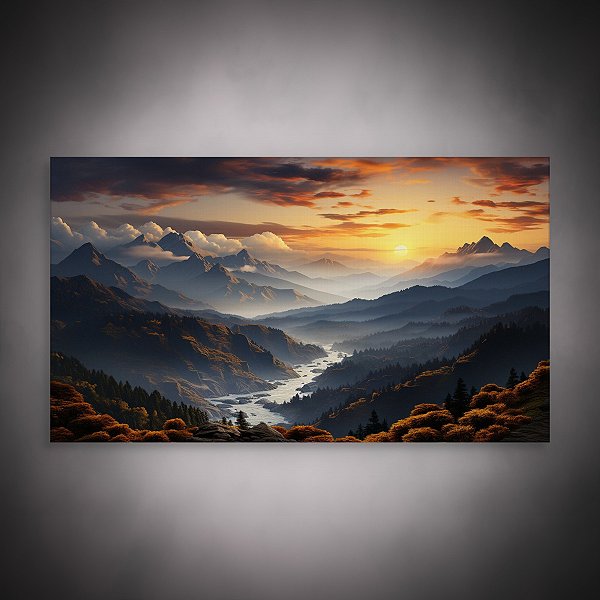 Quadro Decorativo Paisagem Montanhas Vale Rio Por do Sol Dourado 6232