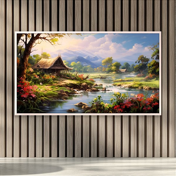 Quadro Decorativo Paisagem Natural Chalé Ribeirinho e Montanhas ao Sol 6201