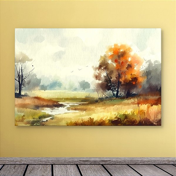 Quadro Decorativo Paisagem Outonal Rio Árvore Laranja Aquarela 6265