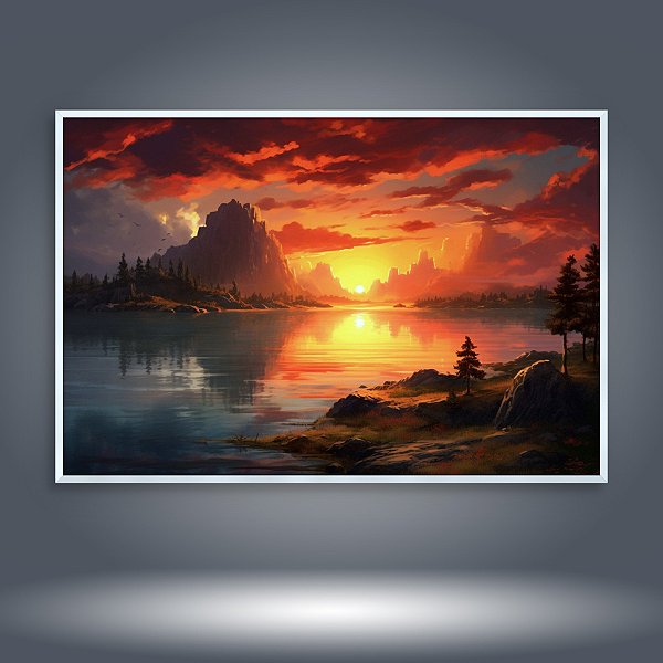 Quadro Decorativo Paisagem Pôr do Sol Lago Montanhas e Floresta 6243