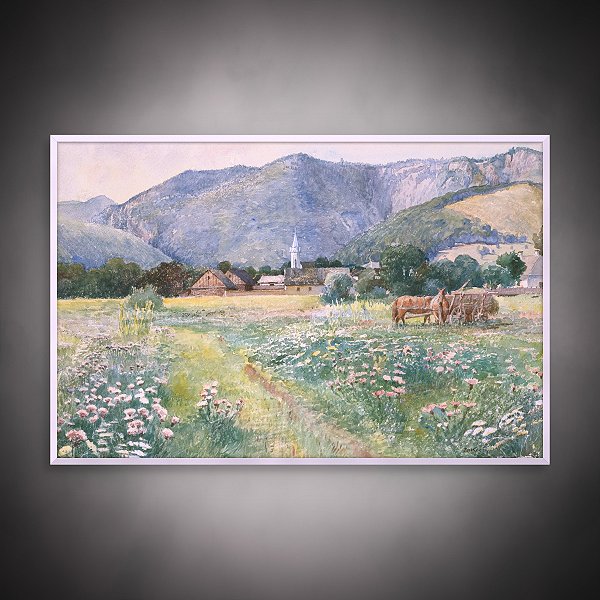 Quadro Decorativo Paisagem Rural com Montanhas, Vila e Cavalos na Fazenda 6269