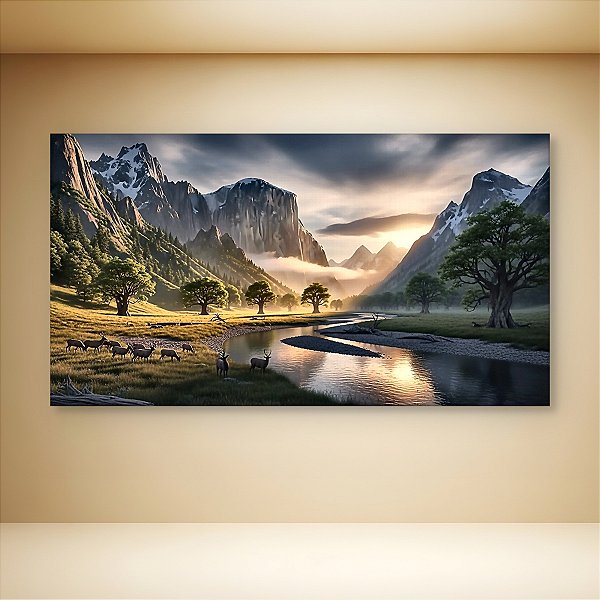 Quadro Decorativo Paisagem Vale Alpino Rio Montanhas e Cervos ao Amanhecer 6270