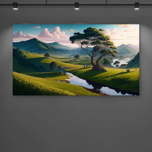 Quadro Decorativo Paisagem Vale Verde Árvore Centenária e Rio ao Pôr do Sol 6216