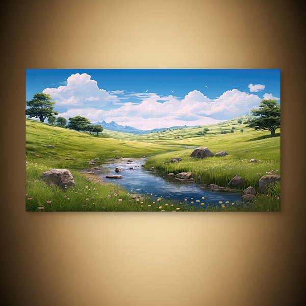 Quadro Decorativo Paisagem Vale Verdejante Rio Córrego e Montanhas Ao Fundo 6262