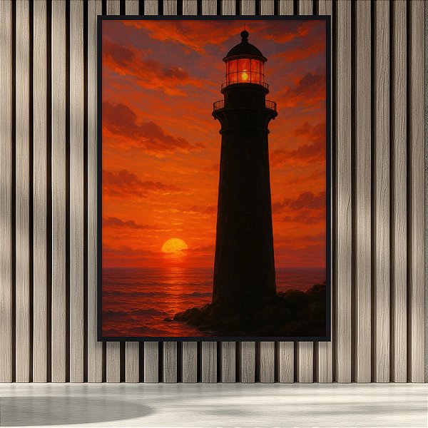 Quadro Decorativo Farol Marítimo ao Pôr do Sol com Céu Vermelho e Mar 6290