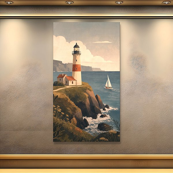 Quadro Decorativo Paisagem Costeira Farol na Falésia e Veleiro no Mar 6285