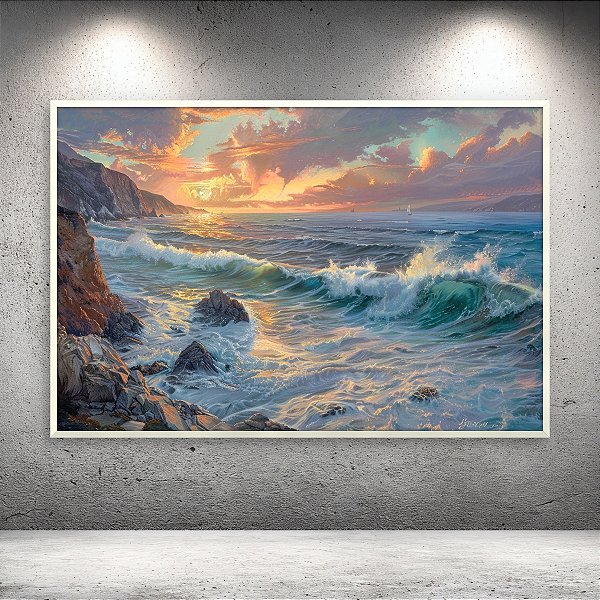 Quadro Decorativo Paisagem Marinha Pôr do Sol Ondas na Praia 6280