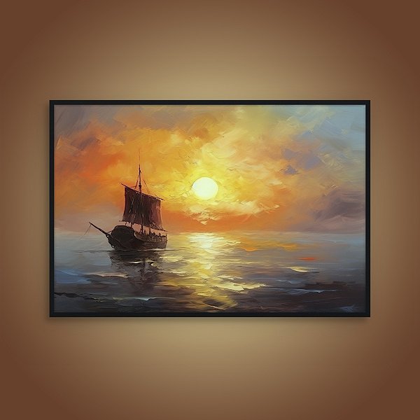 Quadro Decorativo Navio Viking no Mar ao Pôr do Sol Estilo Impressionista 6404