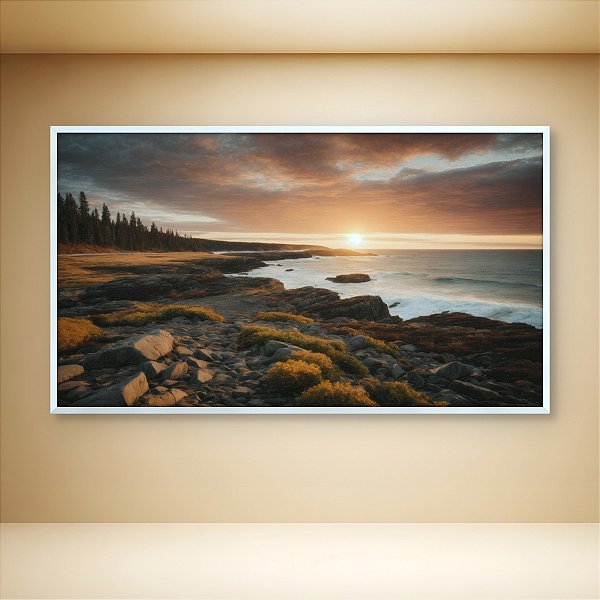 Quadro Decorativo Paisagem Costa Rochosa e Pôr do Sol Dourado Minimalista 6396