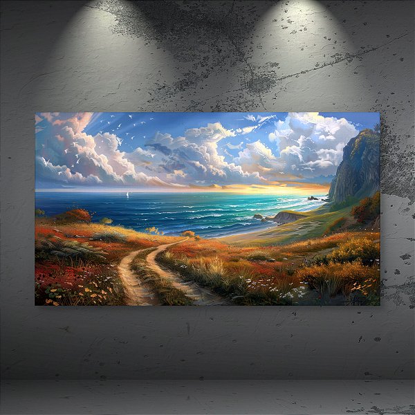 Quadro Decorativo Paisagem Costeira Caminho Campo Mar ao Pôr do Sol Vívido 6397