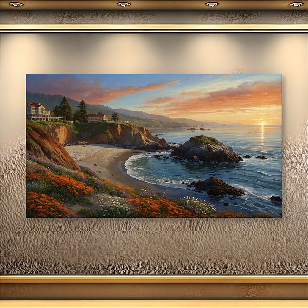 Quadro Decorativo Paisagem Litoral Califórnia Pôr do Sol Casas na Falésia 6391