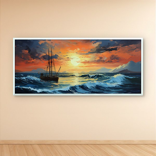 Quadro Decorativo Paisagem Marinha Navio ao Pôr do Sol e Montanhas ao Fundo 6393