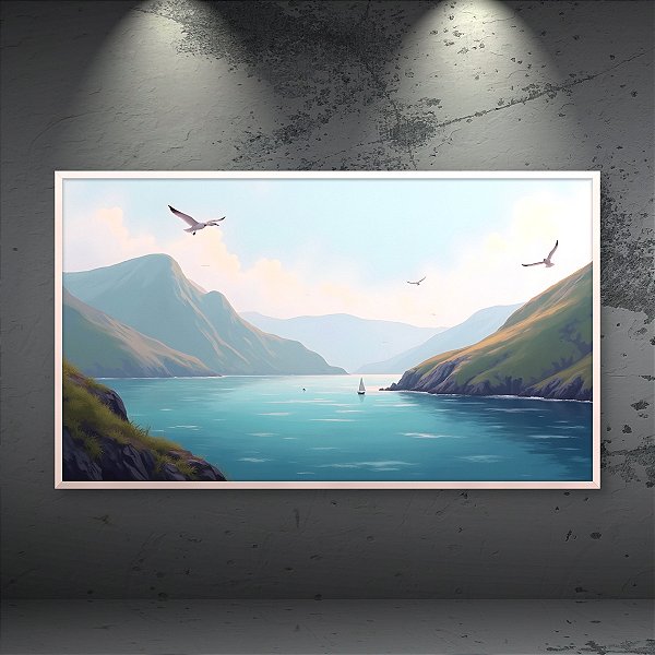 Quadro Decorativo Paisagem Marítima Montanhas Veleiro e Gaivotas Minimalista 6400