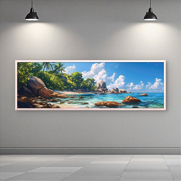 Quadro Decorativo Paisagem Praia Tropical Rochas Mar Azul e Céu Ensolarado 6392