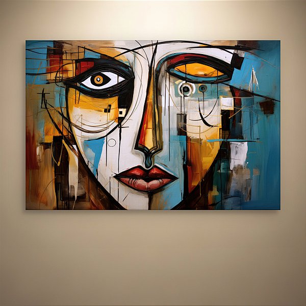 Quadro Decorativo Abstrato Moderno Rosto Estilo Cubista em Tons Azul e Ouro 6423