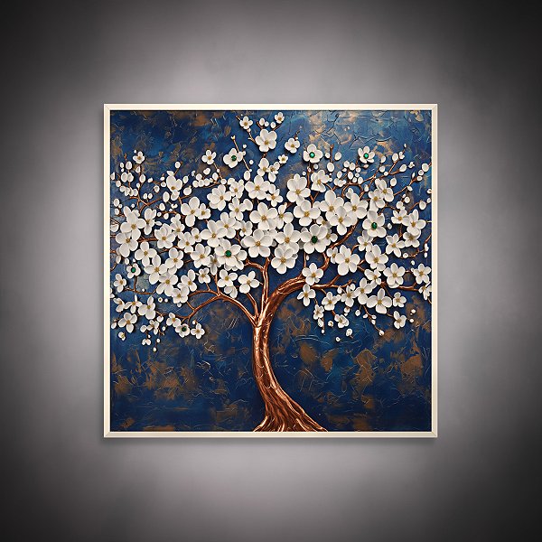 Quadro Decorativo Árvore da Vida Flores Brancas Metalizada Fundo Azul Luxo 6432