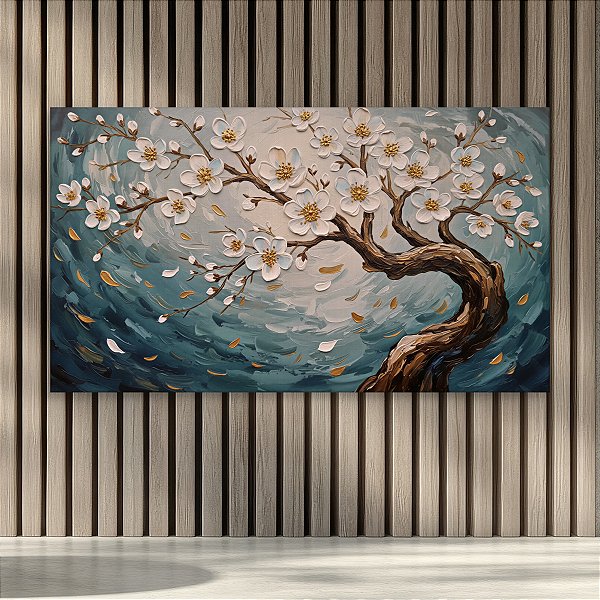 Quadro Decorativo Árvore de Cerejeira Flores Brancas e Douradas 3D Arte 6426