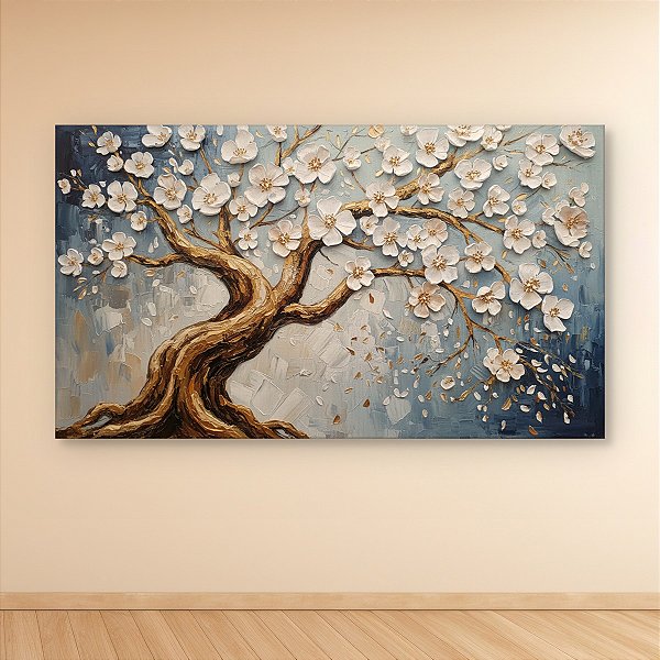 Quadro Decorativo Árvore de Flores Brancas com Detalhes Dourados e Relevo 6433