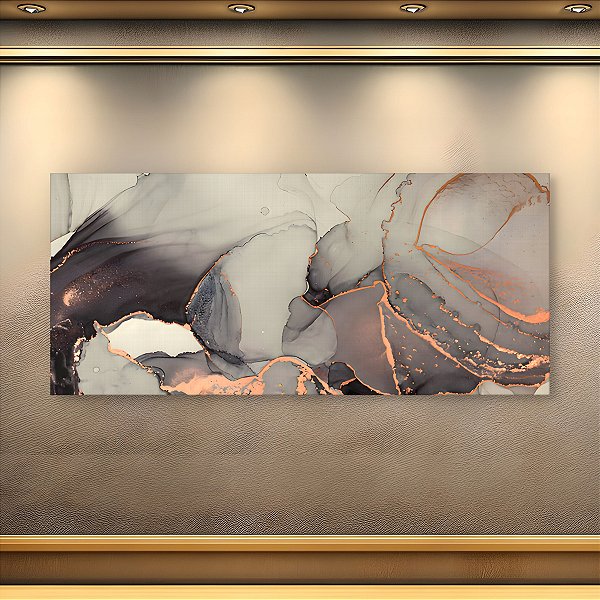 Quadro Decorativo Abstrato Fluido Cinza e Dourado Arte Contemporânea Luxo 6293