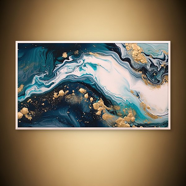 Quadro Decorativo Abstrato Fluido Marinho com Detalhes em Folha de Ouro 6294