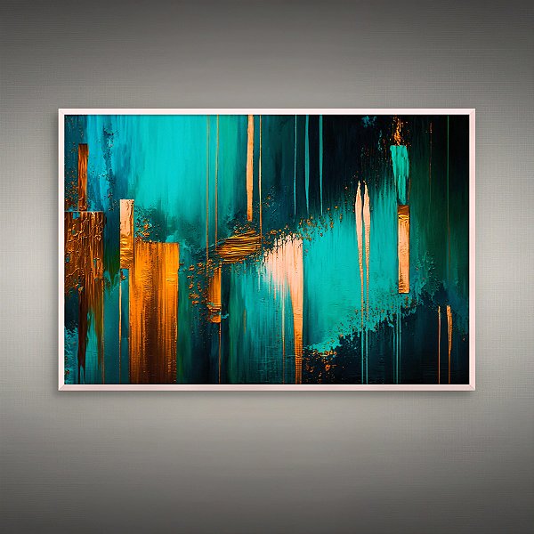 Quadro Decorativo Abstrato Moderno Tons de Azul Turquesa e Detalhes Dourados 6409