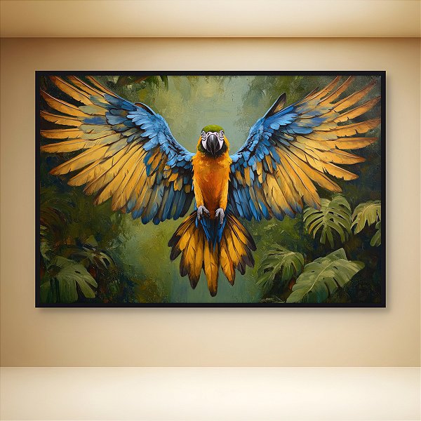 Quadro Decorativo Arara Azul e Amarela em Voo Pintura a Óleo Tropical 6298