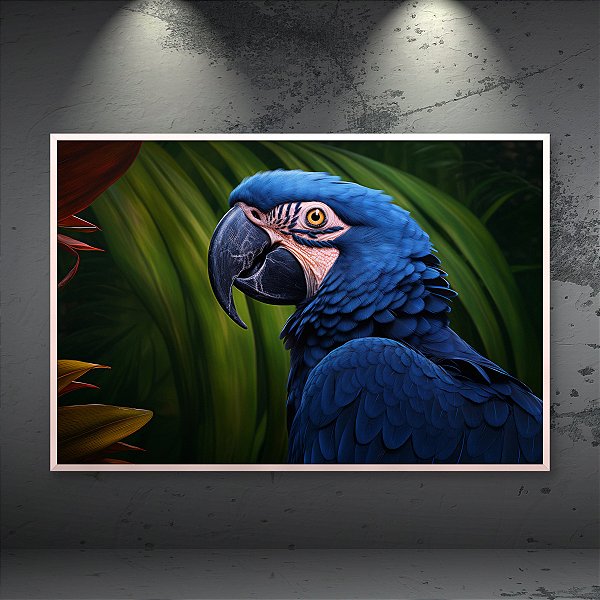 Quadro Decorativo Arara Azul Tropical Fundo Botânico Estilo Realista 6329