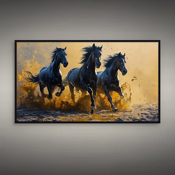 Quadro Decorativo Cavalos Negros Galopando Arte Impactante Natureza Dourada 6310