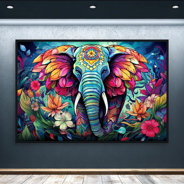 Quadro Decorativo Elefante Abstrato Colorido com Flores e Folhagens 6322