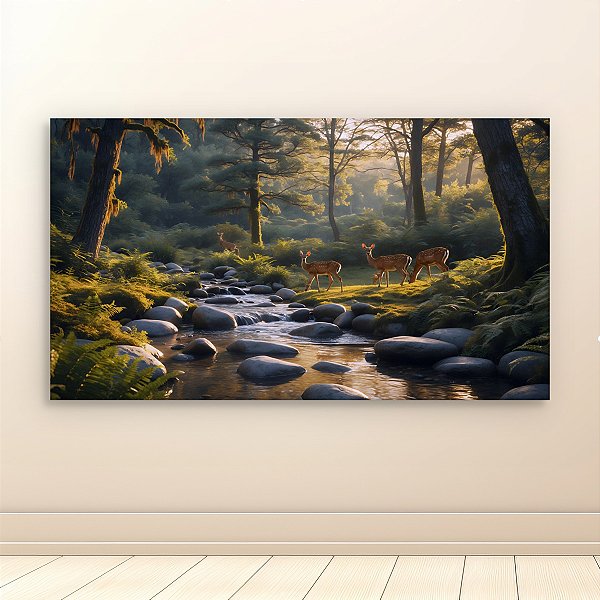 Quadro Decorativo Paisagem Floresta com Cervos e Riacho ao Amanhecer 6304